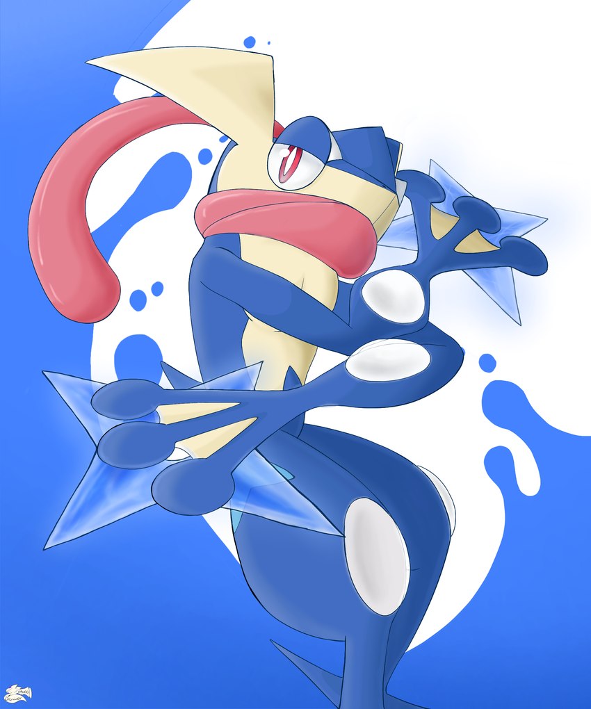 ambiguous_gender anthro blue_background blue_body holding_object long_tongue looking_at_viewer membrane_(anatomy) ranged_weapon red_eyes shuriken simple_background solo tongue tongue_out water water_shuriken weapon webbed_hands drayyko nintendo pokemon amphibian generation_6_pokemon greninja mammal pokemon_(species) 5:6 absurd_res digital_media_(artwork) hi_res shaded signature