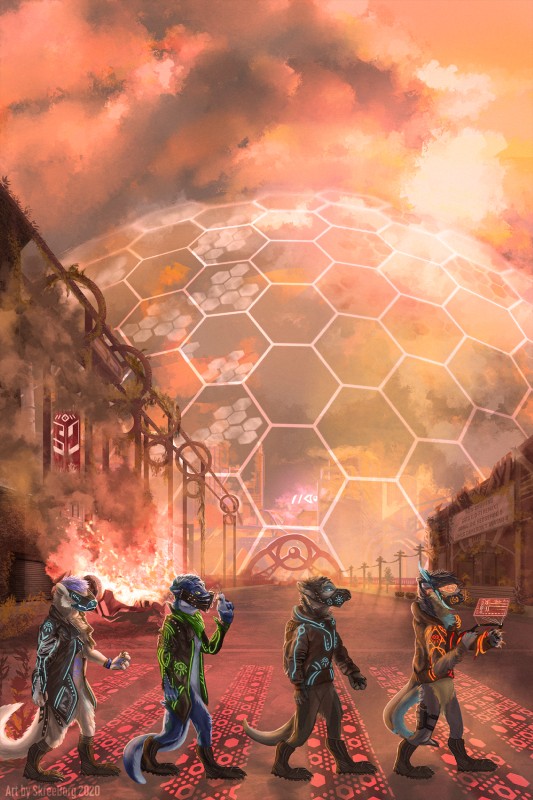 anthro barrier building city clothed clothing cloud cyberpunk dome dystopia future gear group industrial machine outside post-apocalyptic road sky skyline skyscraper sunset visor world screechborg abbey_road the_beatles pyrferno mammal mustelid otter protogen 2020 absurd_res album_cover cover hi_res