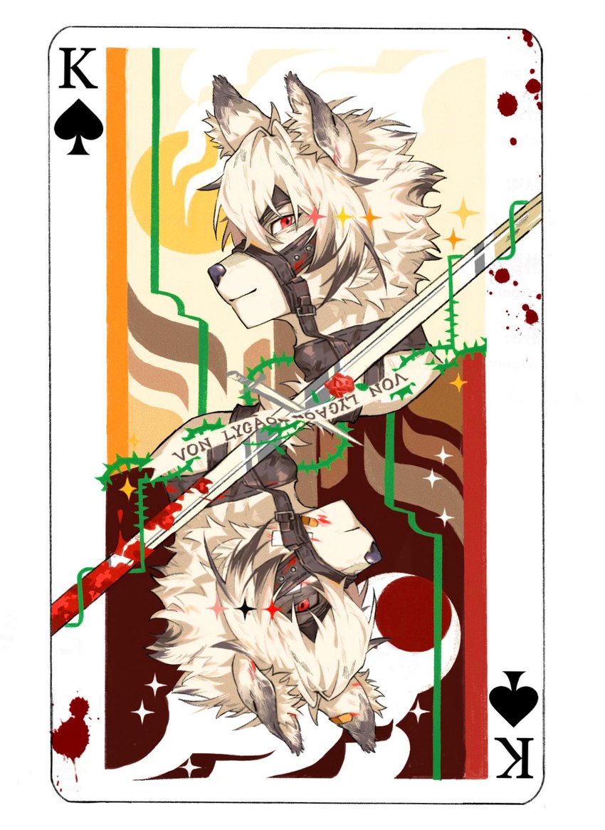 anthro card fur hair looking_at_viewer male playing_card playing_card_template red_eyes solo suit_symbol white_body white_fur haru41113 mihoyo zenless_zone_zero von_lycaon canid canine canis mammal wolf hi_res