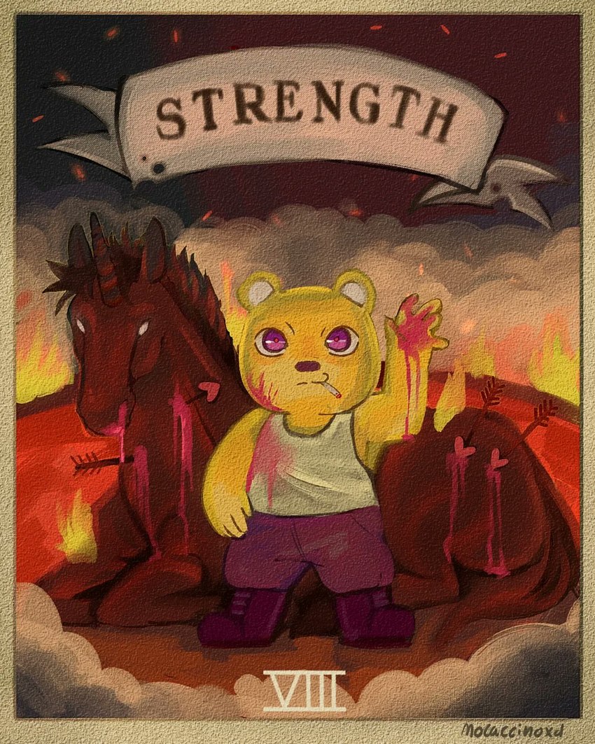 anthro arrow_(weapon) biped blood bodily_fluids bottomwear card card_template clothing duo feral fire fortune_telling horn major_arcana pants purple_eyes ranged_weapon scar shirt smoking strength_(tarot) tarot tarot_card topwear weapon yellow_body mocaccinoxd mythology unicorn_wars coco_(unicorn_wars) bear equid equine mammal mythological_creature mythological_equine unicorn 2023 4:5 hi_res