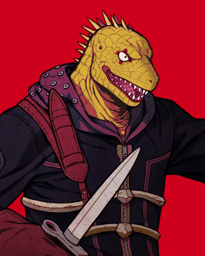 anthro clothed clothing holding_knife holding_object knife male open_mouth red_background scales sharp_teeth simple_background solo teeth tongue topwear zipper arasdel dorohedoro kaiman_(dorohedoro) lizard reptile scalie 4:5 hi_res