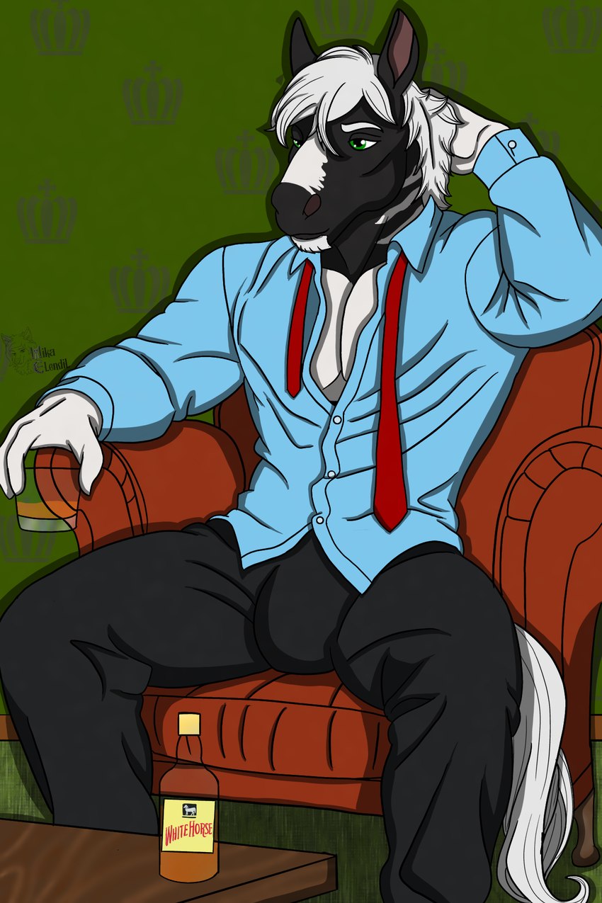 alcohol anthro armchair beverage black_body black_fur bottle bottomwear bulge chair clothed clothing container cup drinking_glass equine_male fur furniture glass glass_container glass_cup hair leather leather_chair male mane messy_hair multicolored_body multicolored_fur necktie office_clothing pants relaxing shirt sitting solo table tail theo_pridehoof topwear unbuttoned_shirt undone_shirt whiskey white_body white_fur white_hair mika_elendil mikathefluffywolf equid equine horse mammal zebra hi_res