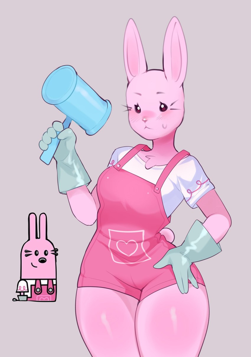 3_fingers 4_fingers anthro arms_bent black_nose blush bodily_fluids chest_tuft clothed clothing dot_eyes eyebrows eyelashes female fingers fully_clothed glistening glistening_legs gloves grey_background hammer handwear heart_symbol holding_object long_ears overalls pink_body pink_clothing pink_nose reference_image scut_tail shirt short_tail simple_background smile solo sweat tail tools topwear tuft whiskers white_clothing white_shirt white_topwear fredek666 wow!_wow!_wubbzy! widget lagomorph leporid mammal rabbit 2023 hi_res shaded