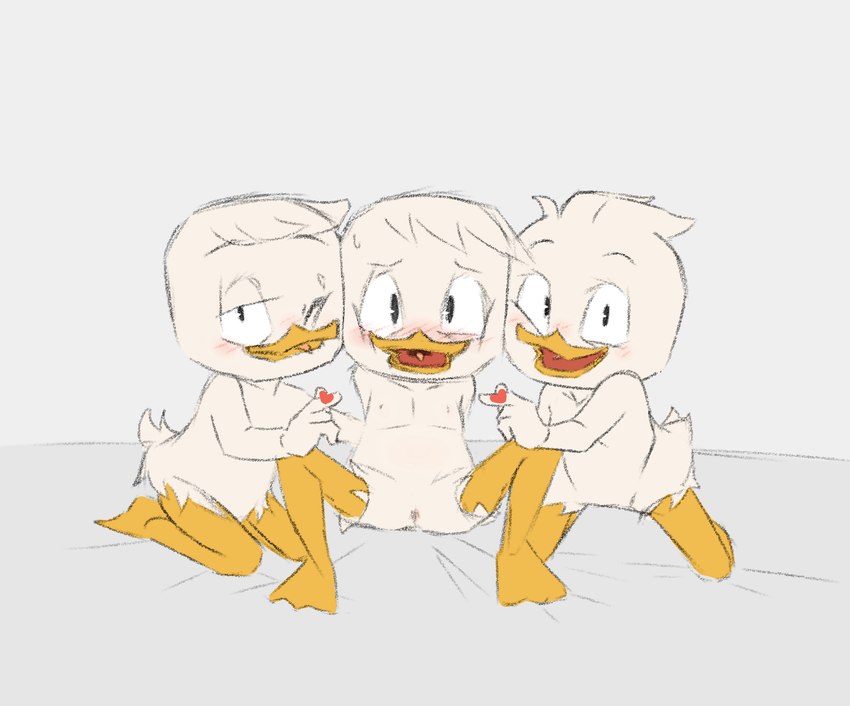 animal_genitalia anthro anus bent_legs blush cloaca genitals group happy incest_play male male/male nude playful simple_background spread_legs spreading white_background young young_anthro young_male young_on_young threek disney ducktales ducktales_(2017) dewey_duck huey_duck louie_duck anatid anseriform avian bird duck humanoid hi_res incest_(lore)