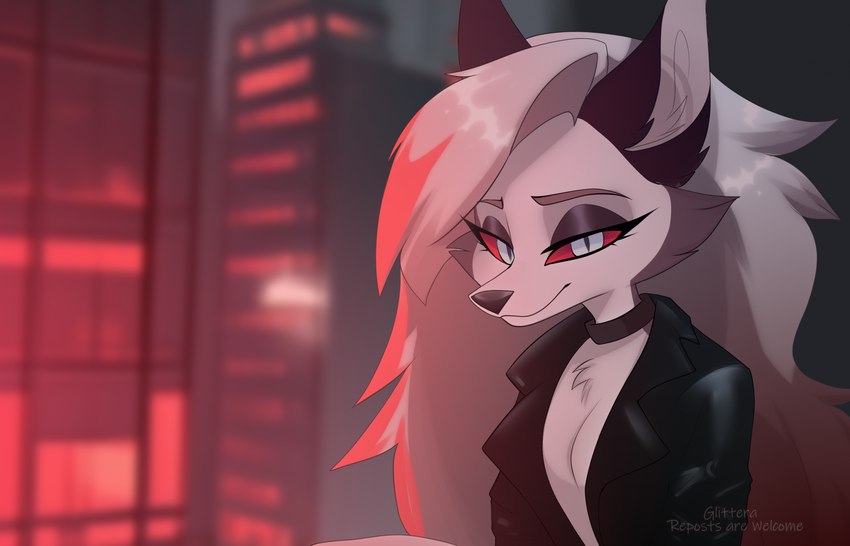 anthro breasts chest_tuft city city_background cityscape clothed clothing ears_up female jacket leather leather_clothing leather_jacket leather_topwear looking_at_viewer narrowed_eyes no_bra no_shirt red_glow red_hue smile smiling_at_viewer solo topwear tuft white_breasts glitter_galaxia helluva_boss mythology loona_(helluva_boss) canid canid_demon canine demon hellhound mammal mythological_canine mythological_creature hi_res