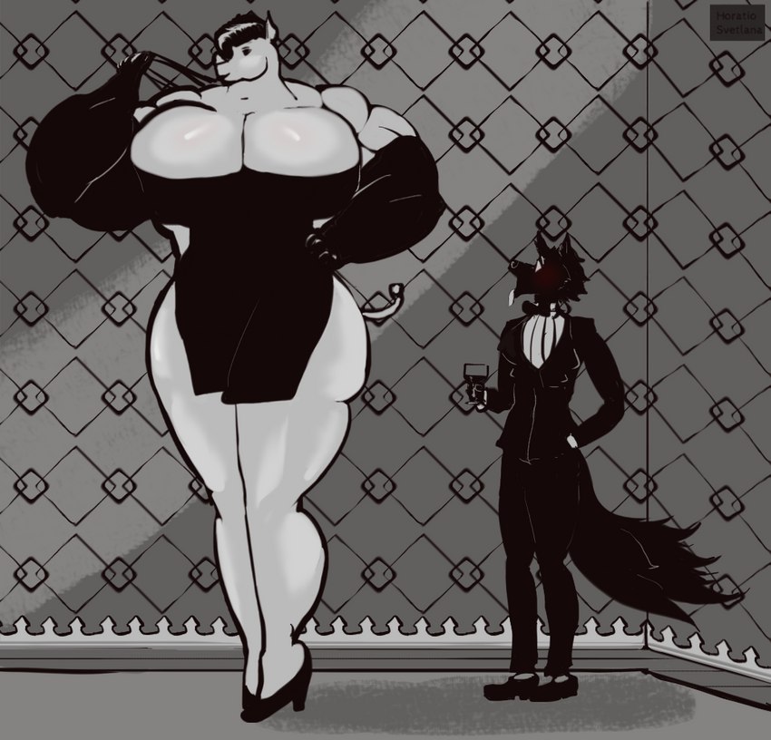 anthro big_muscles clothing female footwear high_heels huge_muscles inside larger_anthro larger_female male male/female muscular muscular_female shoes size_difference smaller_anthro smaller_male horatio_svetlana canid canine canis mammal rhinoceros wolf black_and_white monochrome