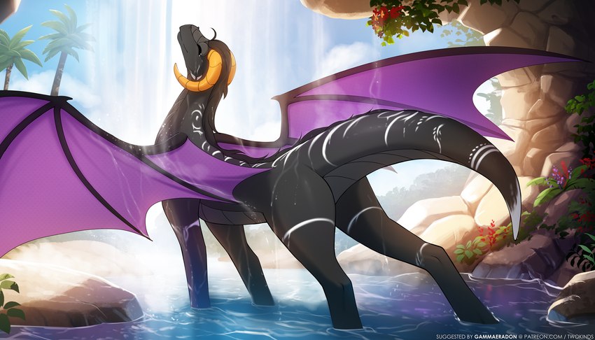ambiguous_gender bathing black_body black_scales black_tail bodypaint butt cloud day eyes_closed feral horn markings membrane_(anatomy) membranous_wings outside plant quadruped rear_view scales sky smile solo tail text tree water waterfall wet wet_body wings yellow_horn conditional_dnp narikusha tom_fischbach european_mythology mythology twokinds madam_reni_(twokinds) dragon mythological_creature mythological_scalie scalie western_dragon 2025 7:4 absurd_res digital_media_(artwork) hi_res url female_(lore)