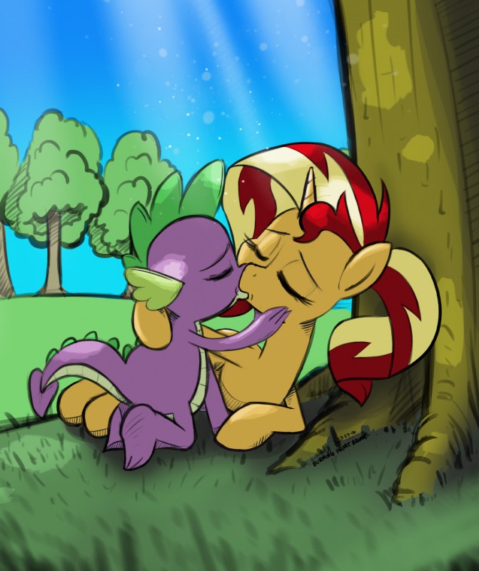 age_difference duo eyebrows eyelashes eyes_closed female feral hair hand_on_cheek horn interspecies kiss_on_lips kissing lying male multicolored_hair older_female on_side outside plant purple_body tail tree two_tone_hair yellow_body younger_male burning-heart-brony equestria_girls friendship_is_magic hasbro my_little_pony mythology spike_(mlp) sunset_shimmer_(eg) dragon equid equine horse mammal mythological_creature mythological_equine mythological_scalie pony scalie unicorn 2016 digital_media_(artwork) hi_res