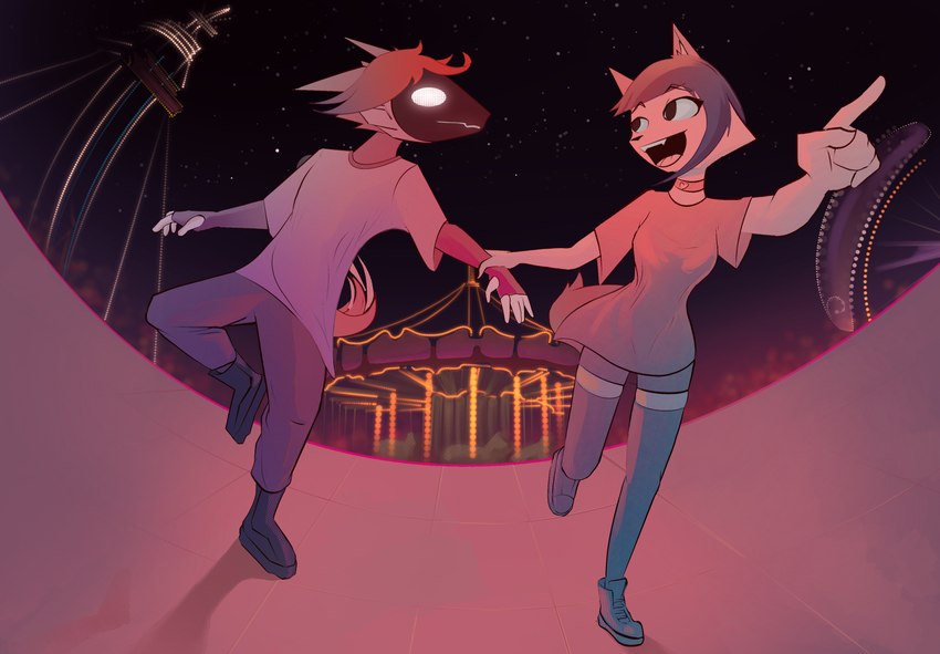 amusement_park amusement_ride anthro carousel clothed clothed_anthro clothing collar detailed_background duo excited female footwear gesture glowing glowing_eyes grabbing_partner hand_gesture looking_at_another looking_at_partner machine male neon_lights pointing shoes kuwsh ekyzde maffe canid canine fox mammal protogen absurd_res hi_res