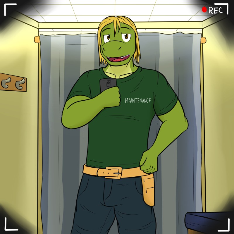 anthro belt blonde_hair blue_bottomwear blue_clothing blue_pants bottomwear brown_eyes camera_view cellphone clothed clothing coat_hook electronics fitting_room fully_clothed green_clothing green_shirt green_topwear hair inside looking_at_viewer male one_way_mirror pants phone recording selfie shirt solo t-shirt text topwear vignette fuze scalie 1:1 english_text hi_res