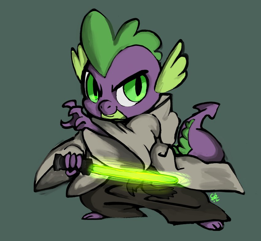 green_background green_eyes green_lightsaber jedi jedi_tunic lightsaber male melee_weapon simple_background solo weapon parallelotelegram friendship_is_magic hasbro my_little_pony mythology star_wars spike_(mlp) yoda dragon mythological_creature mythological_scalie scalie