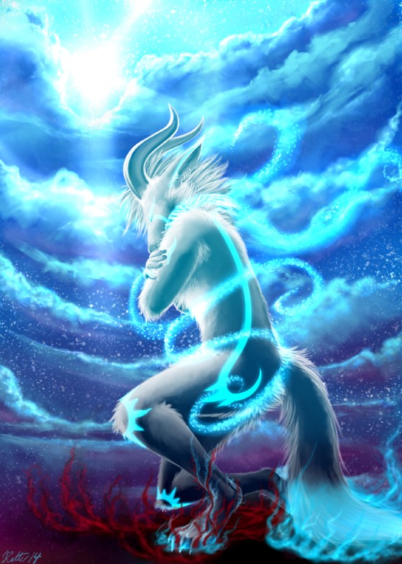 abstract_background anthro biped cloud crossed_arms eyes_closed fur hair horn kneeling magic male markings negative_energy_(legacy) outside piercing simple_background sky solo star sun conditional_dnp ratte legacy_(ratte) yukikiba canid canine highland_psycrhen mammal psycrhen 2014 digital_media_(artwork) hi_res