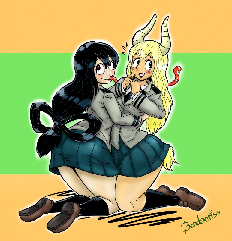 asian_clothing black_hair blonde_hair blush bodily_fluids breasts butt clothing duo east_asian_clothing eyelashes female footwear hair heart_eyes heart_symbol horn japanese_clothing japanese_school_uniform legwear long_tongue saliva school_uniform serafuku shoes socks tears tongue uniform bendacriss my_hero_academia asui_tsuyu tsunotori_pony amphibian amphibian_humanoid animal_humanoid frog_humanoid humanoid absurd_res hi_res