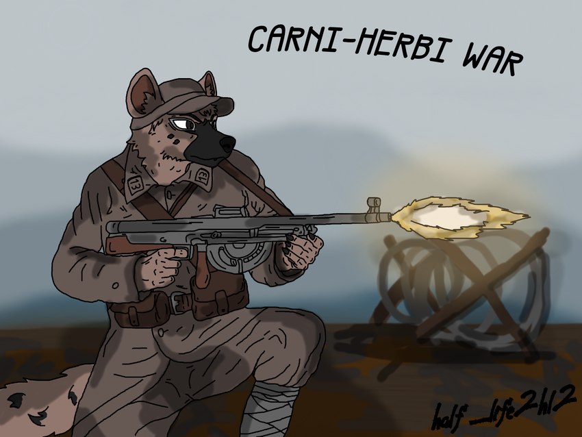 anthro carni_herbi_war chauchat clothing crouching day fur gun hat headgear headwear holding_object holding_weapon machine_gun male military military_cap military_uniform outside pouches pupils ranged_weapon shadow shooting_gun simple_background soldier soldier_uniform solo tail text topwear uniform war warrior warzone weapon world_war_1 beastars canid canine canis hyena mammal 4:3 absurd_res artist_name hi_res signature