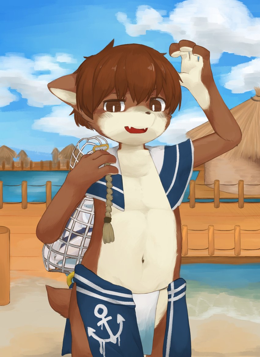 4_fingers anthro black_eyebrows blue_clothing blush blush_lines bottomwear brown_body brown_ears brown_eyes brown_face brown_fur brown_hair brown_nose cheek_tuft clothing countershading cute_fangs eyebrows facial_tuft fangs fingers fishnet_clothing fur hair holding_object kemono loincloth male narrowed_eyes navel open_mouth paws pupils raised_paw red_mouth sand sea short_tail shota solo standing straw_hut tail teeth thin_eyebrows tuft two_tone_face water white_body white_clothing white_countershading white_face white_fur white_inner_ear white_pupils young young_anthro kintubaovo ambiguous_species fish marine 2019 digital_media_(artwork) hi_res