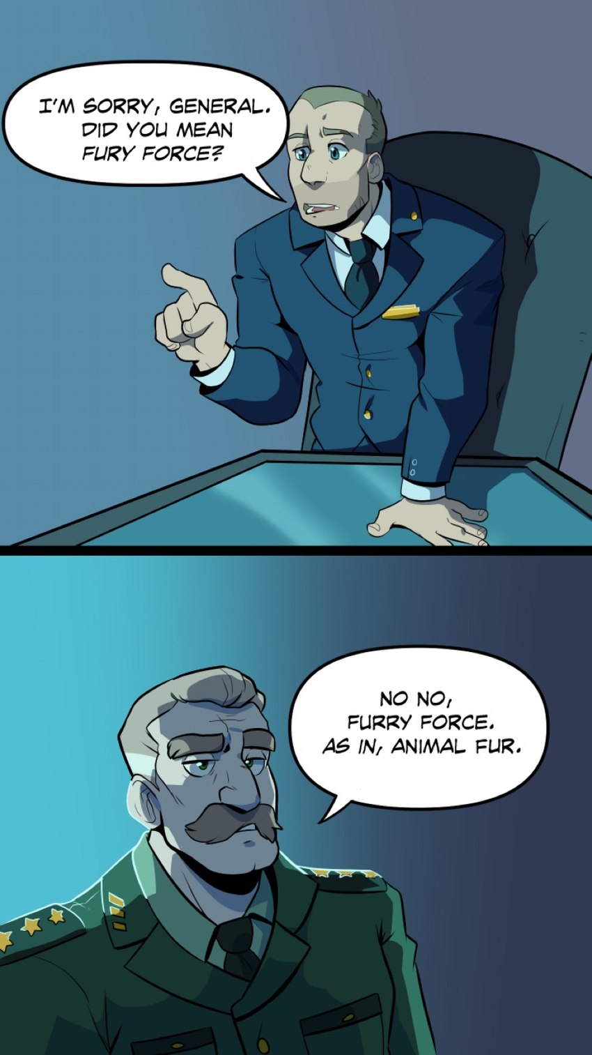 clothing detailed_background dialogue duo file_folder furniture human_only inside jacket male male/male military military_uniform necktie not_furry question_mark raised_finger screen speech_bubble table text topwear uniform komoroshi_(artist) collegehumor furry_force general_clarence_(furry_force) wilson_(furry_force) human mammal 2019 comic english_text hi_res