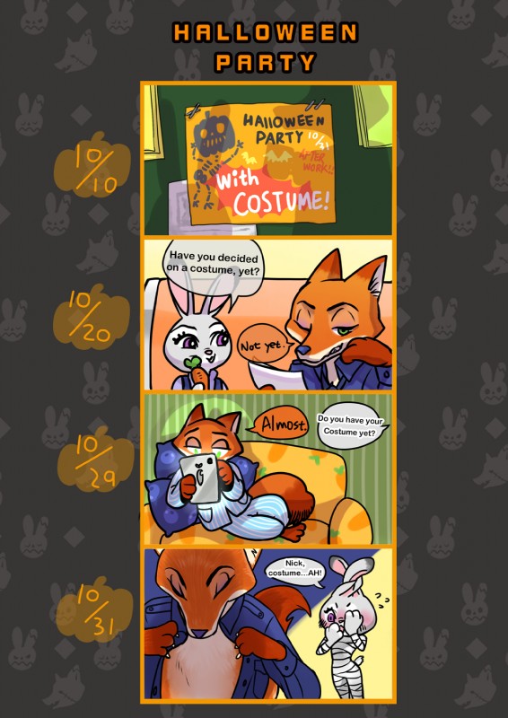 anthro blush clothed clothing costume dialogue ellipsis female fully_clothed holidays male purple_eyes speech_bubble text undressing weketa disney halloween zootopia judy_hopps nick_wilde canid canine fox lagomorph leporid mammal mummy rabbit red_fox true_fox undead 2016 comic english_text hi_res