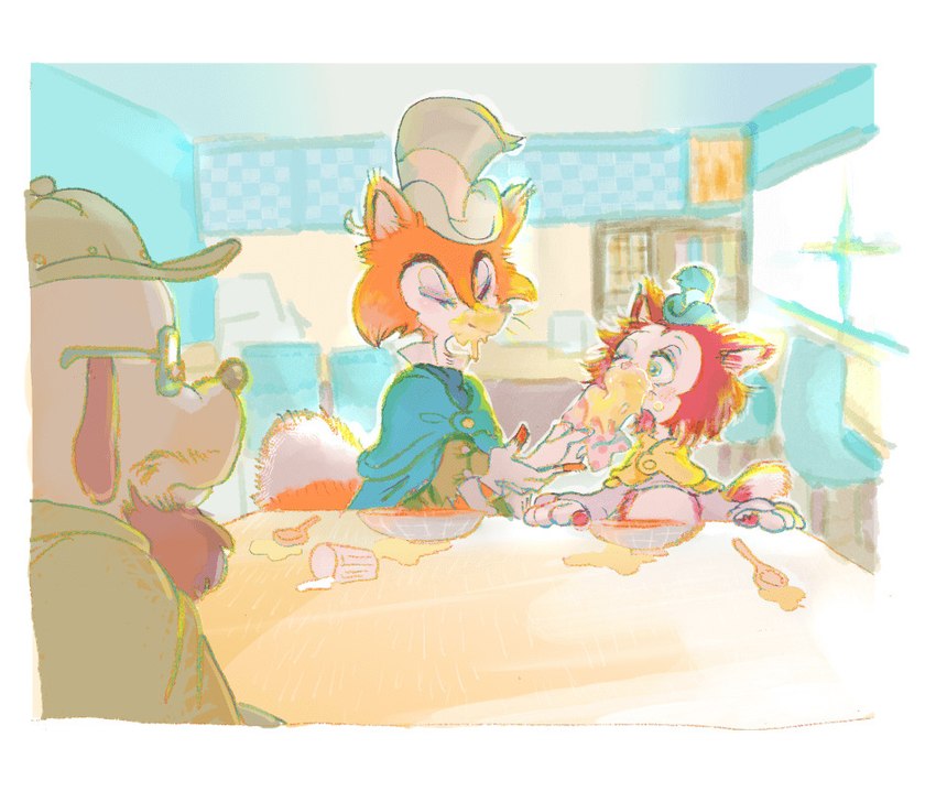 blush clothing eating food_on_mouth hat headgear headwear male messy_eater paws tail torn_clothing yanep pinocchio "honest"_john_foulfellow gideon_(pinocchio) canid canine domestic_cat felid feline felis fox mammal