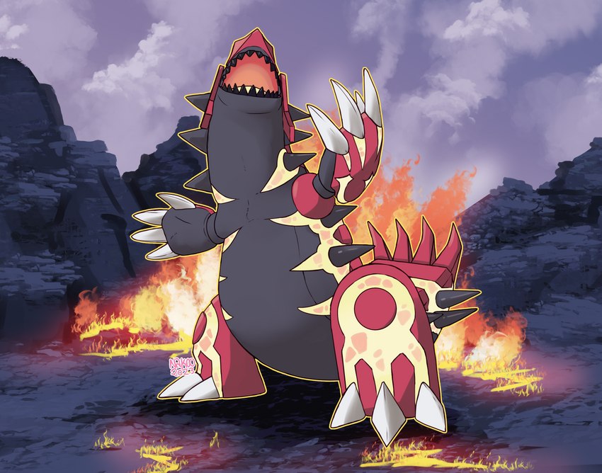 ambiguous_gender claws feral red_body solo spikes conditional_dnp nakoo nintendo pokemon generation_6_pokemon legendary_pokemon pokemon_(species) primal_groudon primal_reversion 2023 tagme