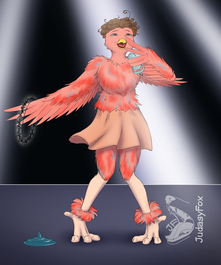 anthro award beak bottomwear clothing curled_hair feathers hair holding_award holding_object holding_trophy open_mouth skirt solo standing teary_eyes thorn_crown tiptoes tongue trophy judasyfox eurovision_song_contest nemo_(eurovision) avian bird chicken galliform gallus_(genus) phasianid 2024 hi_res signature nonbinary_(lore)