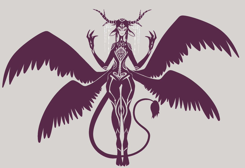 4_wings anthro curvy_figure eyelashes eyes_closed feathers feet female floppy_ears hooves horn imposing long_tail markings multi_wing solo symbol tail tail_tuft tall talons thick_thighs thigh_gap toes tuft wings jinx_doodle hybrid mammal 2019 black_and_white digital_drawing_(artwork) digital_media_(artwork) full-length_portrait monochrome partially_colored portrait