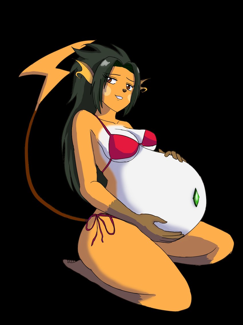 anthro bedroom_eyes belly belly_gem big_belly bikini biped breasts clothed clothing female fur gem hair hand_on_belly narrowed_eyes navel_accessory navel_jewelry pregnant pregnant_anthro pregnant_female seductive simple_background sitting smile smirk solo swimwear teeth two-piece_swimsuit almeram02 nintendo pokemon meirai_(fossildiggerstudios) generation_1_pokemon hybrid pokemon_(species) raichu alpha_channel digital_media_(artwork) hi_res