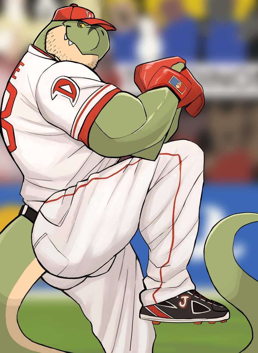 anthro baseball_glove baseball_uniform biped bottomwear clothed clothing countershade_face countershade_tail countershading footwear furgonomics green_body hat headgear headwear male muscular muscular_anthro muscular_male pants shirt shoes solo sportswear tail topwear uniform darknaigart jace_(darknaig) dinosaur prehistoric_species reptile scalie theropod tyrannosaurid tyrannosauroid tyrannosaurus tyrannosaurus_rex absurd_res hi_res