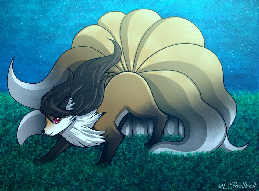 9_tails black_body black_fur black_hair female feral fur hair head_fur multi_tail orange_body orange_fur red_eyes solo tail white_body white_fur lshellbell nintendo pokemon foxxi canid canine generation_1_pokemon mammal ninetales pokemon_(species)