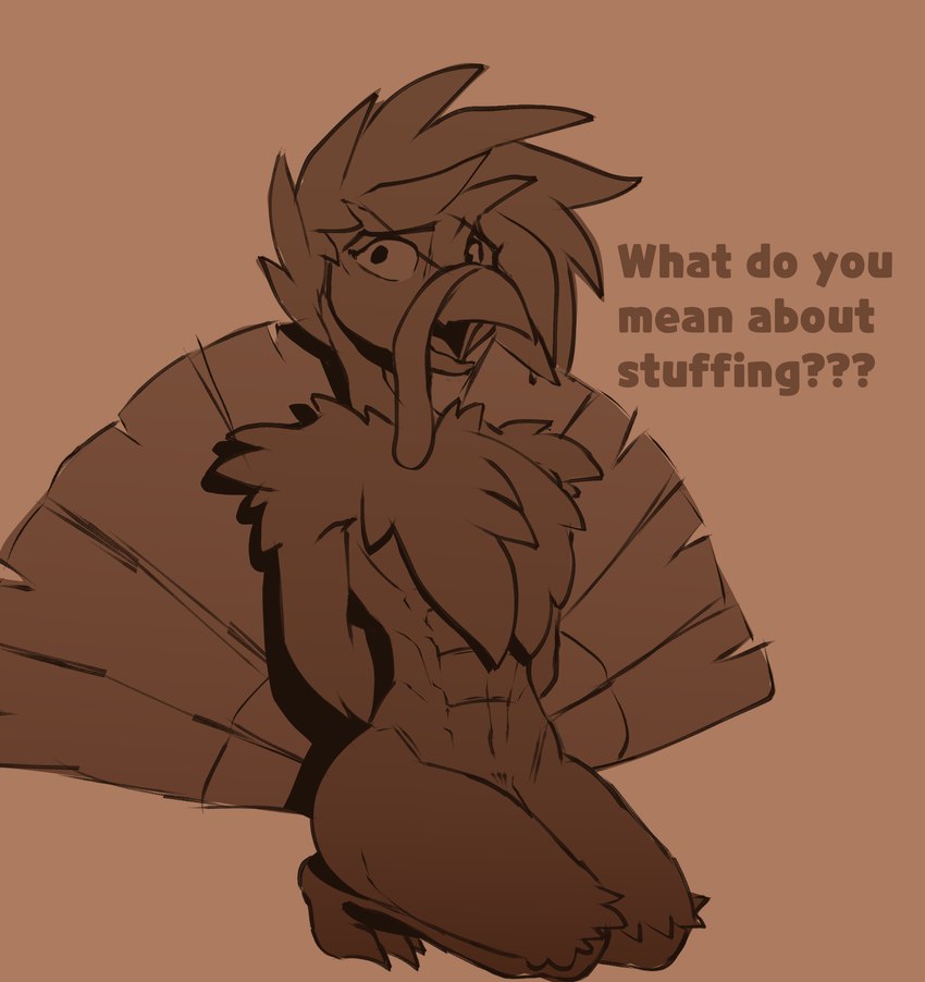 abs anthro avian_caruncle beak dewlap_(anatomy) feathers femboy holidays kneeling male simple_background solo tail tail_feathers text wattle imgloka thanksgiving avian bird galliform phasianid turkey absurd_res english_text hi_res sketch