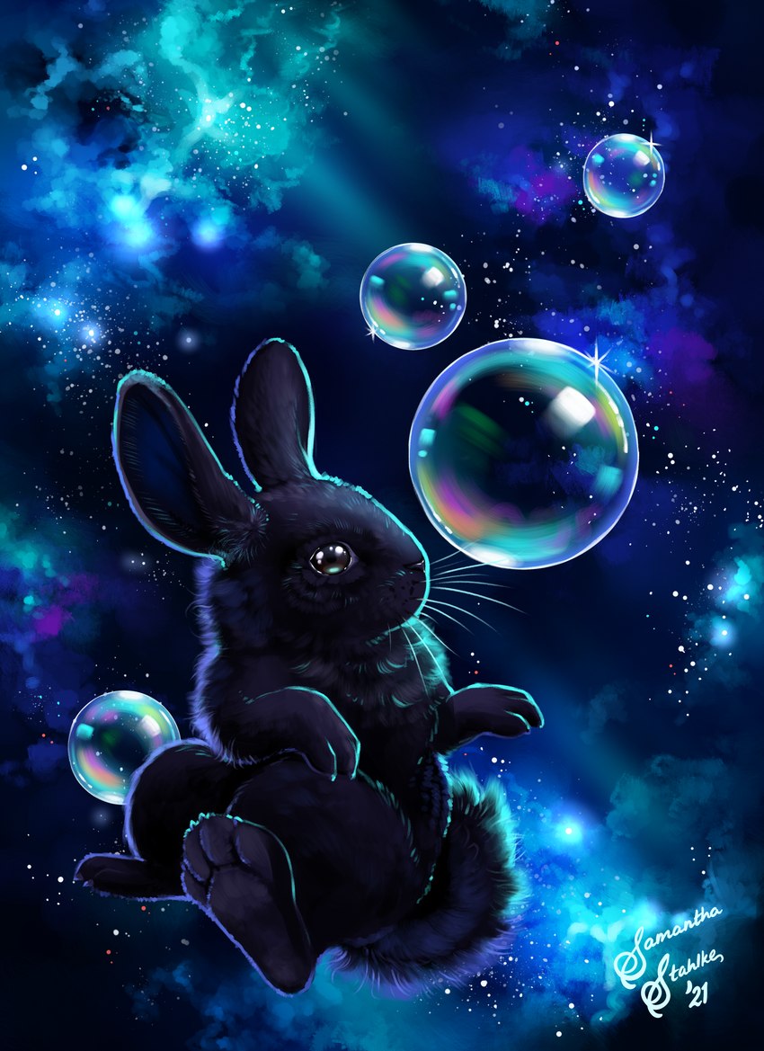 ambiguous_gender black_body black_fur bubble feral fur solo whiskers charlatan-of-doom lagomorph leporid mammal rabbit 2021 absurd_res hi_res