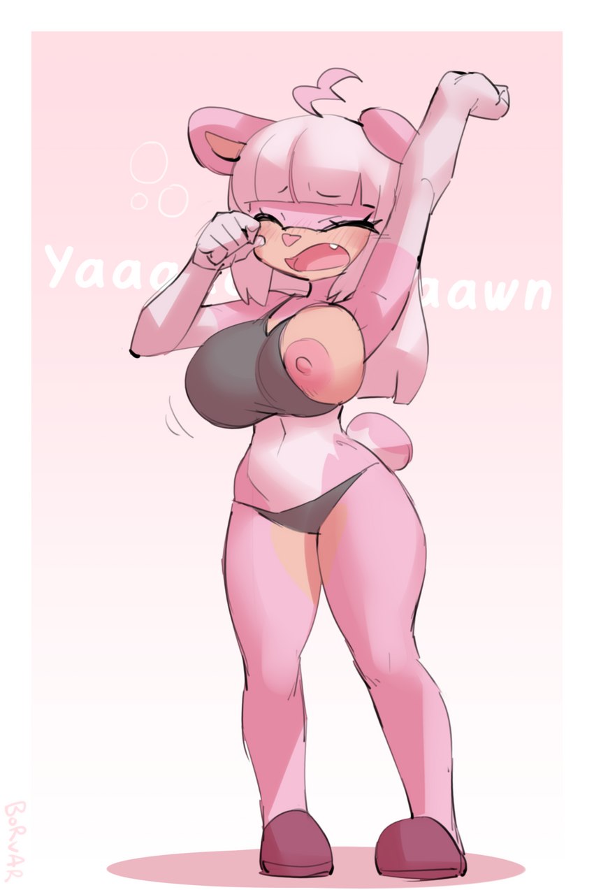 anthro areola big_breasts breasts clothing eyes_closed fangs female fur hair navel open_mouth pink_body pink_fur pink_hair solo standing teeth text wide_hips yawn borvar bear mammal slip_(disambiguation) 2023 character_request digital_media_(artwork) hi_res signature