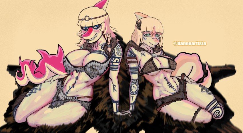 abstract_background anthro armor big_breasts bikini bikini_armor blonde_hair blue_eyes bodypaint bone_frill braided_hair breasts chainmail chainmail_bikini cleavage clothed clothing cosplay curvy_figure duo eyewear female frill_(anatomy) glasses glistening glistening_body glistening_scales hair long_tail looking_at_viewer magenta_body magenta_scales markings multicolored_body multicolored_scales nipple_outline orange_body orange_scales scales short_hair sitting skimpy smile snout spiked_tail spikes spikes_(anatomy) swimwear tail teal_eyes thick_thighs tribal tribal_markings two-piece_swimsuit two_tone_body two_tone_scales unconvincing_armor viking voluptuous voluptuous_anthro voluptuous_female white_body white_scales wide_hipped_anthro wide_hipped_female wide_hips dannoartista cavemanon_studios goodbye_volcano_high i_wani_hug_that_gator mia_moretti naomi_(gvh) dinosaur hadrosaurid ornithischian ornithopod parasaurolophus prehistoric_species reptile scalie 2024 absurd_res artist_name digital_drawing_(artwork) digital_media_(artwork) hi_res watermark sibling_(lore) sister_(lore) sisters_(lore)