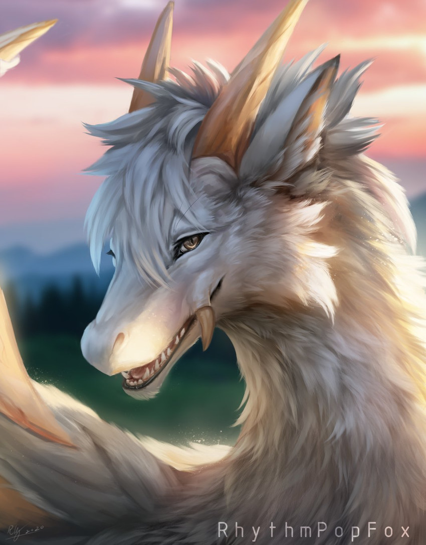 ambiguous_gender blurred_background cheek_tuft detailed_fur facial_tuft feral fluffy fur head_tuft horn inner_ear_fluff light open_mouth open_smile outside realistic_lighting realistic_shading sharp_teeth smile solo teeth tongue tuft white_body white_fur rhythmpopfox mythology dragon furred_dragon furred_scalie mythological_creature mythological_scalie scalie 2020 detailed hi_res lighting signature