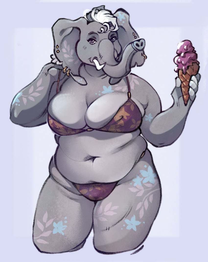 anthro belly_overhang belly_rolls big_breasts bikini bodypaint breasts clothing deep_navel dessert ear_piercing ear_ring female food grey_body hair holding_food holding_ice_cream holding_object ice_cream navel nipple_outline overweight overweight_anthro overweight_female piercing ring_piercing simple_background slightly_chubby solo swimwear thick_thighs trunk tusks two-piece_swimsuit white_hair niochem rose_(danji-isthmus) elephant elephantid mammal proboscidean 2024 hi_res