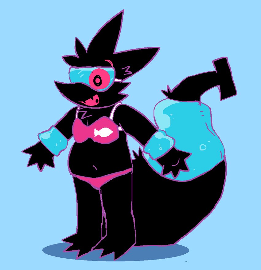 3_toes accessory anthro arm_floatie belly big_tail bikini black_body black_fur blue_background clothing eyewear fangs feet floatie fur furgonomics goggles happy inflatable male navel open_mouth open_smile pink_bikini pink_clothing pink_sclera pink_swimwear simple_background smile solo swimming_goggles swimwear tail tail_accessory tail_floatie teeth toes two-piece_swimsuit pawplants veecee void_fluff 2025 digital_media_(artwork)
