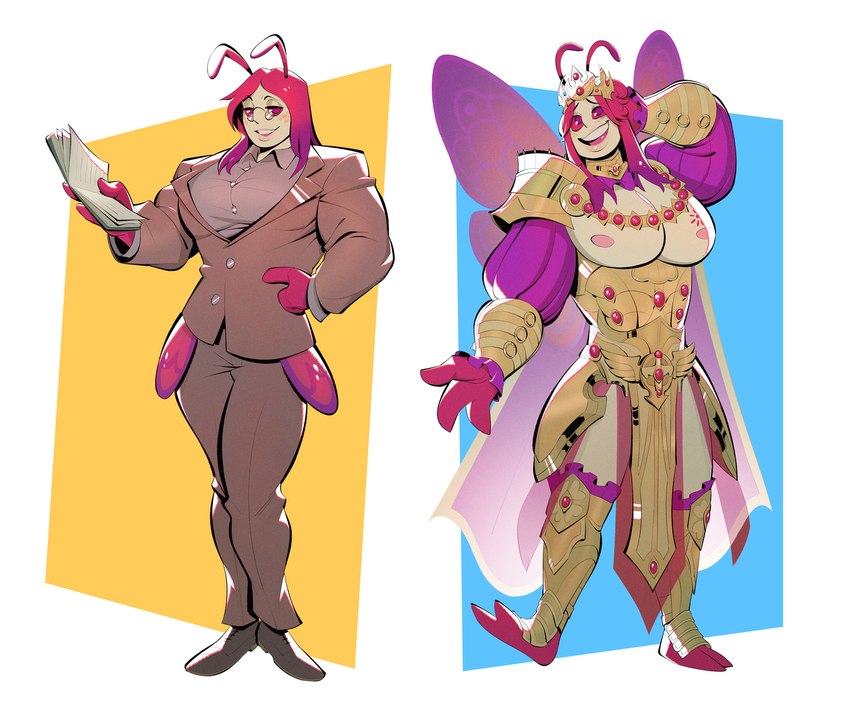 alternate_costume antennae_(anatomy) anthro armor back_wings book clothing crown dress_shirt eyewear fur glasses gold_(metal) gold_armor hair half-closed_eyes headgear insect_wings lepidopteran_wings lips long_sleeve_shirt male muscle_tone muscular muscular_anthro muscular_femboy muscular_male narrowed_eyes open_mouth open_smile pecs red_hair red_sclera shirt smile solo suit suit_jacket tan_body tan_fur thick_bottom_lip topwear unconvincing_armor wide_eyed wings sharkbossart soardon_(eddyoshi) arthropod butterfly insect lepidopteran hi_res