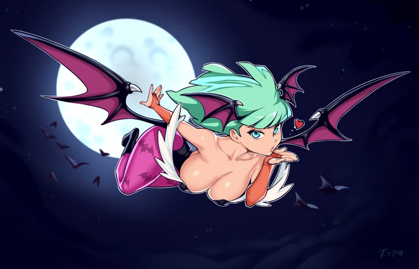 armwear breasts cleavage clothed clothing cloud female flying footwear full_moon heart_symbol leotard light_body light_skin membrane_(anatomy) membranous_wings moon night not_furry solo wings requiemdusk capcom darkstalkers morrigan_aensland bat demon demon_humanoid humanoid mammal 2017 signature