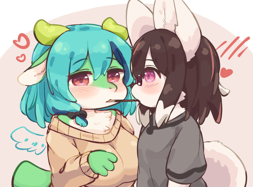 anthro big_ears black_hair blue_hair blush breasts brown_hair clothed clothing duo eating feathered_wings feathers female female/female food fur green_body green_fur hair half-closed_eyes heart_symbol horn kemono multicolored_body multicolored_fur narrowed_eyes object_in_mouth pocky_game purple_eyes red_eyes shirt simple_background sweater teal_hair topwear two_tone_body two_tone_fur white_body white_fur wings eigetsu mythology pocky pocky_and_pretz_day canid canine dragon furred_dragon furred_scalie mammal mythological_creature mythological_scalie scalie half-length_portrait pictographics portrait