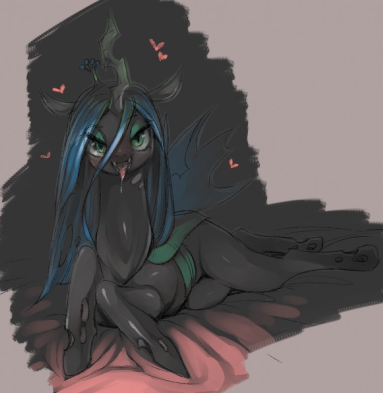 bed bodily_fluids female furniture green_eyes heart_symbol horn insect_wings looking_at_viewer open_mouth pupils saliva slit_pupils solo tongue wings mizo_ne friendship_is_magic hasbro my_little_pony queen_chrysalis_(mlp) arthropod changeling digital_media_(artwork)