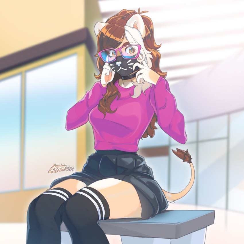 absolute_territory anthro black_bottomwear black_clothing black_legwear black_skirt bottomwear breasts brown_eyebrows brown_hair brown_tail clothed clothing eyebrows eyewear female fully_clothed fur fur_tuft glasses hair legwear looking_at_viewer mask multicolored_body multicolored_ears multicolored_fur pink_clothing pink_eyewear pink_glasses pink_topwear sitting skirt tail tail_tuft tan_body tan_fur tan_legs tan_tail thigh_highs topwear tuft white_clothing white_legwear luxar92 dandee_(character) felid lion mammal pantherine 1:1 hi_res