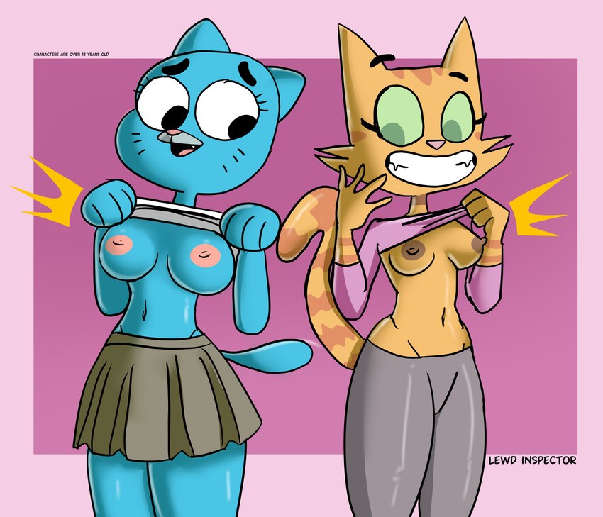 4_fingers anthro areola arms_bent big_areola big_breasts big_eyes big_iris big_mouth_(anatomy) biped black_eyebrows black_eyes black_markings black_text blue_body blue_breasts blue_ears blue_fur blue_tail bottomwear breast_size_difference breasts brown_areola brown_bottomwear brown_clothing brown_nipples brown_skirt cheek_tuft clothed clothing clothing_lift curved_eyebrows dark_areola dark_nipples duo emanata erect_nipples eyebrows eyelashes facial_markings facial_tuft fangs female fingers flash_emanata flashing flashing_breasts floating_eyebrows front_view fur fur_tuft geometric_background glistening glistening_body glistening_bottomwear glistening_clothing glistening_fur glistening_legs glistening_pants glistening_tail green_eyes green_sclera grey_bottomwear grey_clothing grey_pants grin head_markings humanoid_hands iris legs_together light_areola light_body light_breasts light_ears light_fur light_nipples light_nose light_stripes light_tail light_tongue long_eyelashes looking_at_another looking_at_another's_breasts looking_at_breasts looking_down markings mature_anthro mature_female monotone_tail navel nipples no_bra no_pupils number open_mouth orange_body orange_breasts orange_ears orange_fur orange_stripes orange_tail pants partially_clothed partially_clothed_anthro partially_clothed_female pink_areola pink_nipples pink_nose pink_tongue pleated_skirt pointy_ears prick_ears purple_clothing purple_shirt purple_t-shirt purple_topwear round_eyes shirt shirt_lift simple_background skirt smile smiling_at_another standing straight_legs striped_arms striped_body striped_face striped_fur striped_markings striped_tail stripes t-shirt t-shirt_lift tail tail_markings teeth text thick_thighs tongue topwear tuft whisker_markings white_clothing white_shirt white_topwear wide_hipped_anthro wide_hipped_female wide_hips inspector_lewd cartoon_network litterbox_comics the_amazing_world_of_gumball fran_(litterbox_comics) nicole_watterson domestic_cat felid feline felis mammal tabby_cat 2025 absurd_res artist_name crossover digital_drawing_(artwork) digital_media_(artwork) english_text hi_res portrait three-quarter_portrait