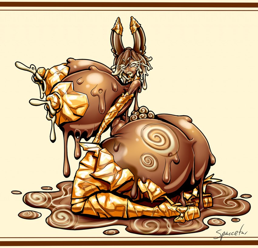 alternative_fashion big_butt big_nipples bodily_fluids breast_milking brown_background brown_hair butt candy chocolate chocolate_bunny clothing dessert eyebrows female foil food food_hair footwear ganguro_(fashion) gold_armwear gold_clothing gold_legwear gold_nipples gold_shoes gyaru hair heart_eyes heart_nipples heart_symbol high_heels huge_butt hyper hyper_butt j-fashion lactating lips looking_at_viewer melting milk_leaking mostly_nude nipples picture_frame pseudo_hair puddle shoes simple_background solo spiral thick_thighs white_background white_eyebrows white_eyes white_hair white_lips white_nose spacefur food_creature humanoid lagomorph leporid mammal rabbit digital_media_(artwork) hi_res signature