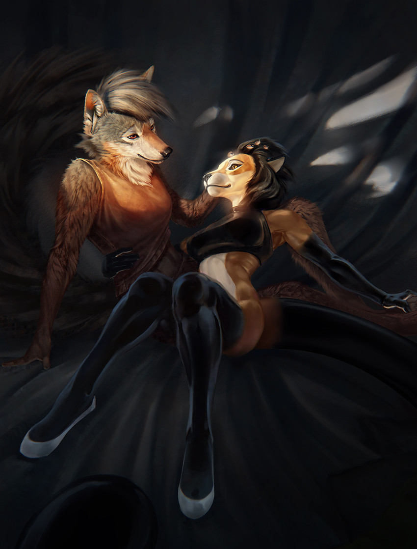 5_fingers anthro breasts clothed clothing duo eyebrows eyelashes female fingers fur grey_body grey_fur latex smile conditional_dnp latex_(artist) alyx_(latex) fhyra black-backed_jackal canid canine canis felid feline jackal mammal digital_media_(artwork) hi_res shaded