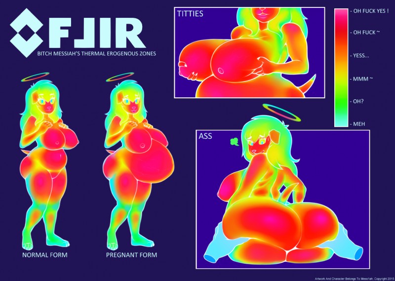 anthro belly big_belly big_breasts big_butt bodily_fluids breasts butt butt_grab disembodied_hand duo female female_focus halo hand_on_butt heat_vision pregnant profanity slightly_chubby solo_focus sweat text tongue tongue_out mess1ah mess1ah_(character) canid canine canis domestic_dog mammal pit_bull english_text hi_res