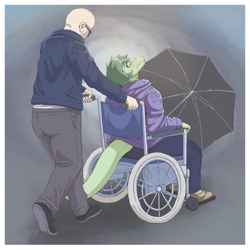 5_fingers abstract_background anthro bald border clothing disability duo eyelashes eyewear female fingers footwear green_body green_hair green_scales grey_eyes hair hoodie jacket light-skinned_male light_body light_skin long_tail looking_up male paraplegic scales shoes short_hair sitting slippers sneakers snout sunglasses tail topwear umbrella vehicle walking wet wheelchair white_border yellow_sclera neltharion290 cavemanon_studios i_wani_hug_that_gator inco_(iwhtg) olivia_halford baryonyx dinosaur human mammal prehistoric_species reptile scalie spinosaurid theropod 1:1 2024 absurd_res artist_name digital_drawing_(artwork) digital_media_(artwork) hi_res watermark