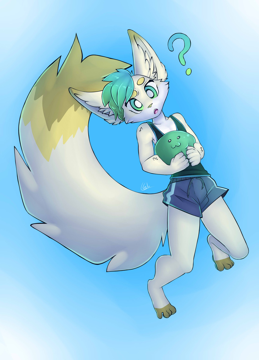 anthro athletic_wear barefoot bottomwear clothed clothing confusion doubt duo feet femboy floating fluffy gym_bottomwear gym_shorts hug male prize shirt shorts tank_top topwear galo canid canine fox mammal 2020 absurd_res digital_media_(artwork) hi_res