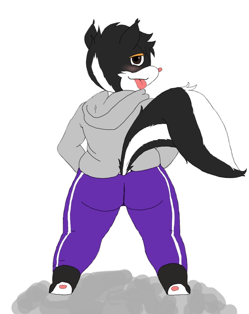 ambiguous_gender blush butt clothed clothing looking_at_viewer looking_back pawpads solo standing stripes tongue tongue_out ctabb mammal mephitid skunk absurd_res hi_res