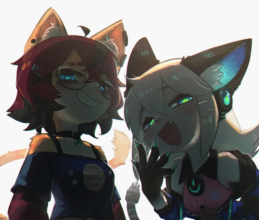 5_fingers ahoge anthro black_whiskers breasts cable_tail choker claws clothed clothing cute_fangs duo ear_piercing eyewear fangs female female_anthro finger_claws fingers fur glasses grin grinning_at_viewer hair half-closed_eyes jewelry kemono looking_at_viewer low-angle_view machine multicolored_body multicolored_fur multicolored_hair narrowed_eyes necklace open_mouth open_smile piercing power_symbol pupils sharp_teeth small_breasts smile smiling_at_viewer smug star_pupils tail teeth tongue unusual_pupils usb_tail wearing_glasses whiskers porforever aeiou_(yoako) digitan_(porforever) android domestic_cat felid feline felis mammal robot robot_anthro 2023 digital_media_(artwork) hi_res