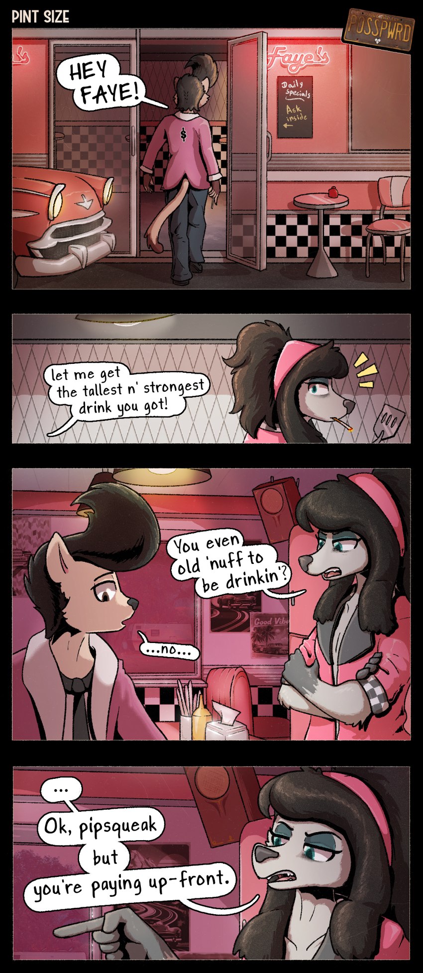 anthro black_hair blue_eyes car dialogue diner duo female hair male pompadour restaurant text underage_drinking vehicle posspowered faye_arletti canid canine canis domestic_dog mammal poodle comic english_text hi_res