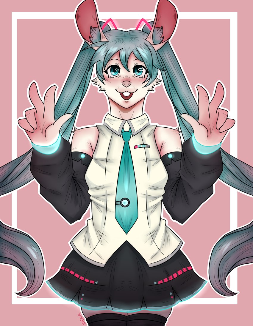 accessory alternate_species anthro armwear blue_eyes bottomwear buckteeth clothing female furrification gesture hair hair_accessory hairband hand_gesture long_hair looking_at_viewer necktie pigtails shirt skirt solo standing teeth topwear twintails_(hairstyle) v_sign hyenahypy vocaloid hatsune_miku lagomorph leporid mammal rabbit 2021 absurd_res hi_res